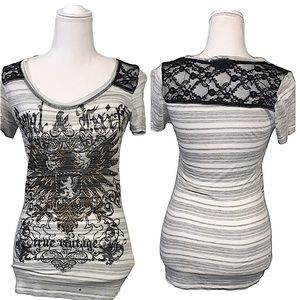 DAYTRIP: Rhinestone & Lace Embellished T-shirt - Size Medium